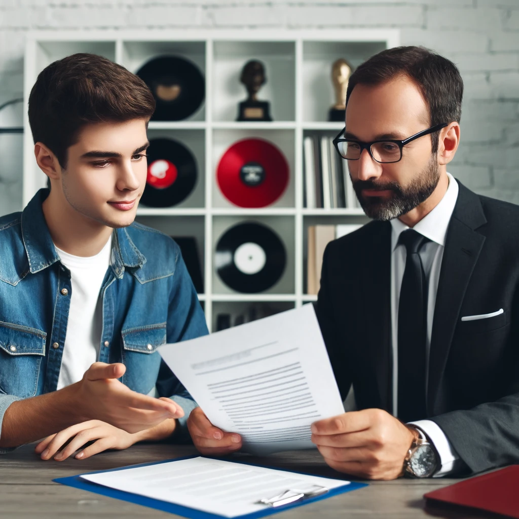 A professional meeting between a young music artist and a legal advisor in a modern office setting. The advisor is showing legal documents to the artist.